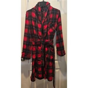 Ralph Lauren Red Plaid Fleece Logo Midi Belted Pocket Robe sz S